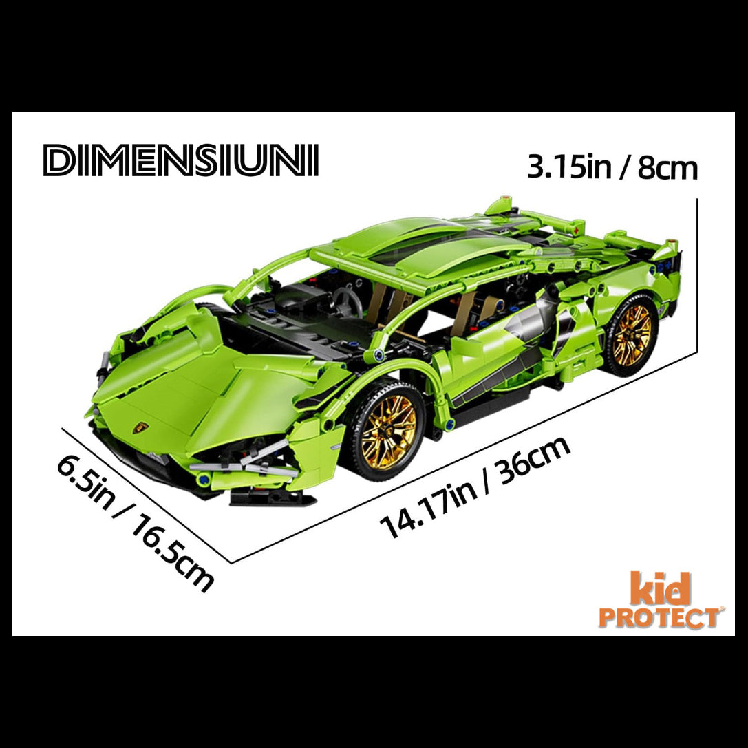 Green toy car model with dimensions labeled on a white background