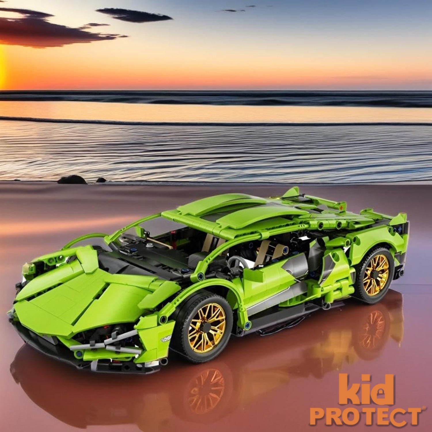 Green toy car model on a reflective surface with a sunset over water background