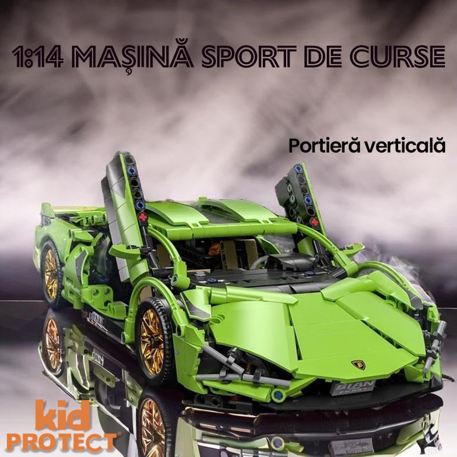 Green sports car model with vertical door on a reflective surface, brand 'kidPROTECT' visible