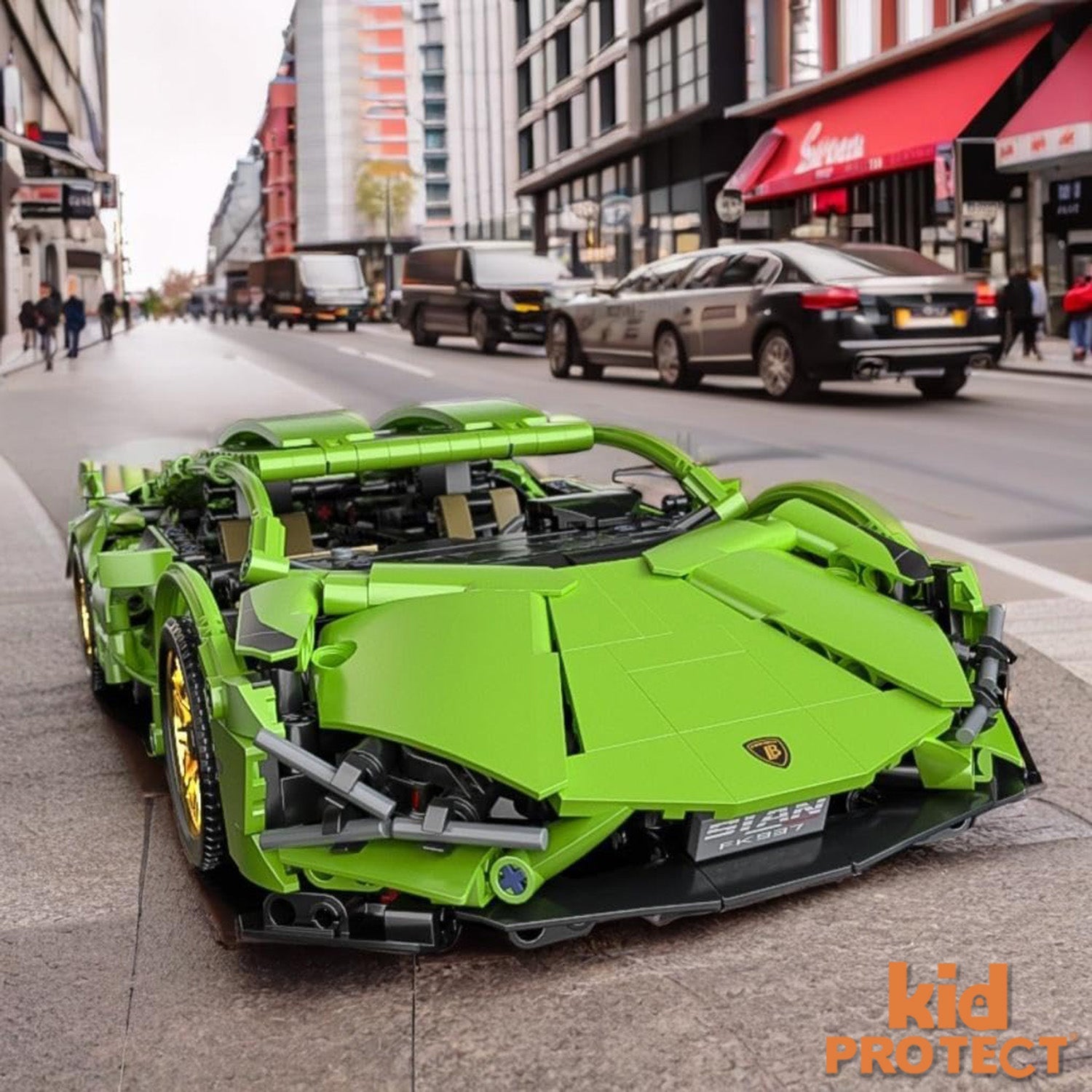 Green toy sports car on a city street with 'kid protect' branding.