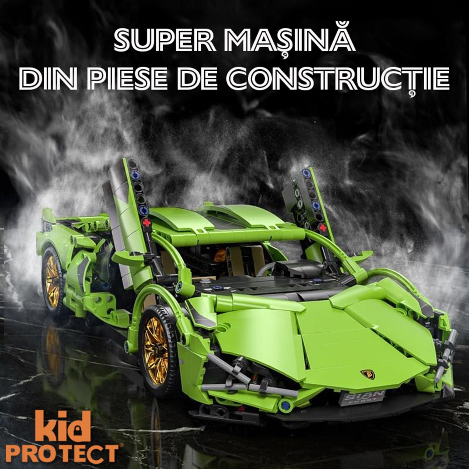 Toy car built from construction pieces with 'kidPROTECT' branding on a dark background.