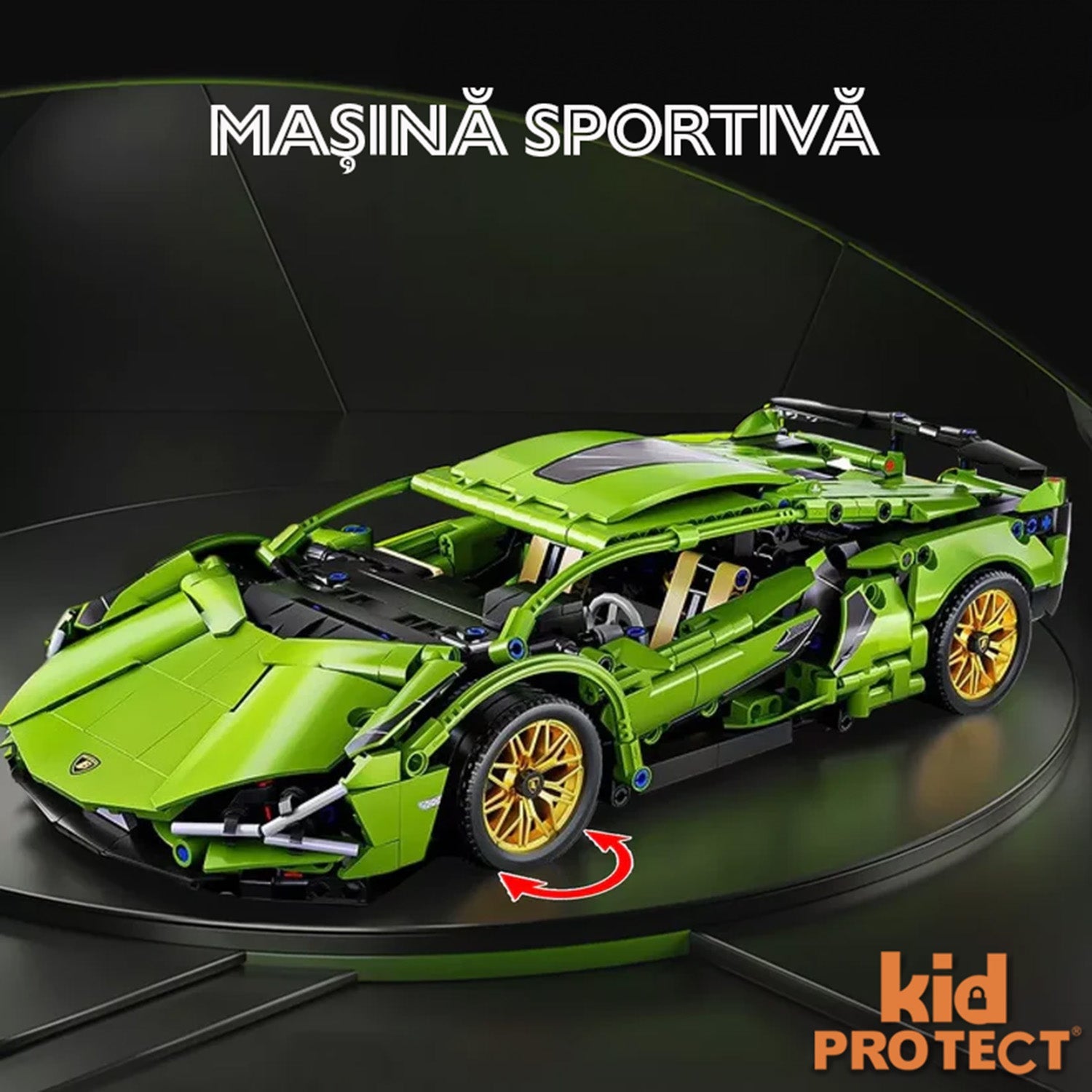 Green sports car model on a black background with 'kidPROTECT' branding.