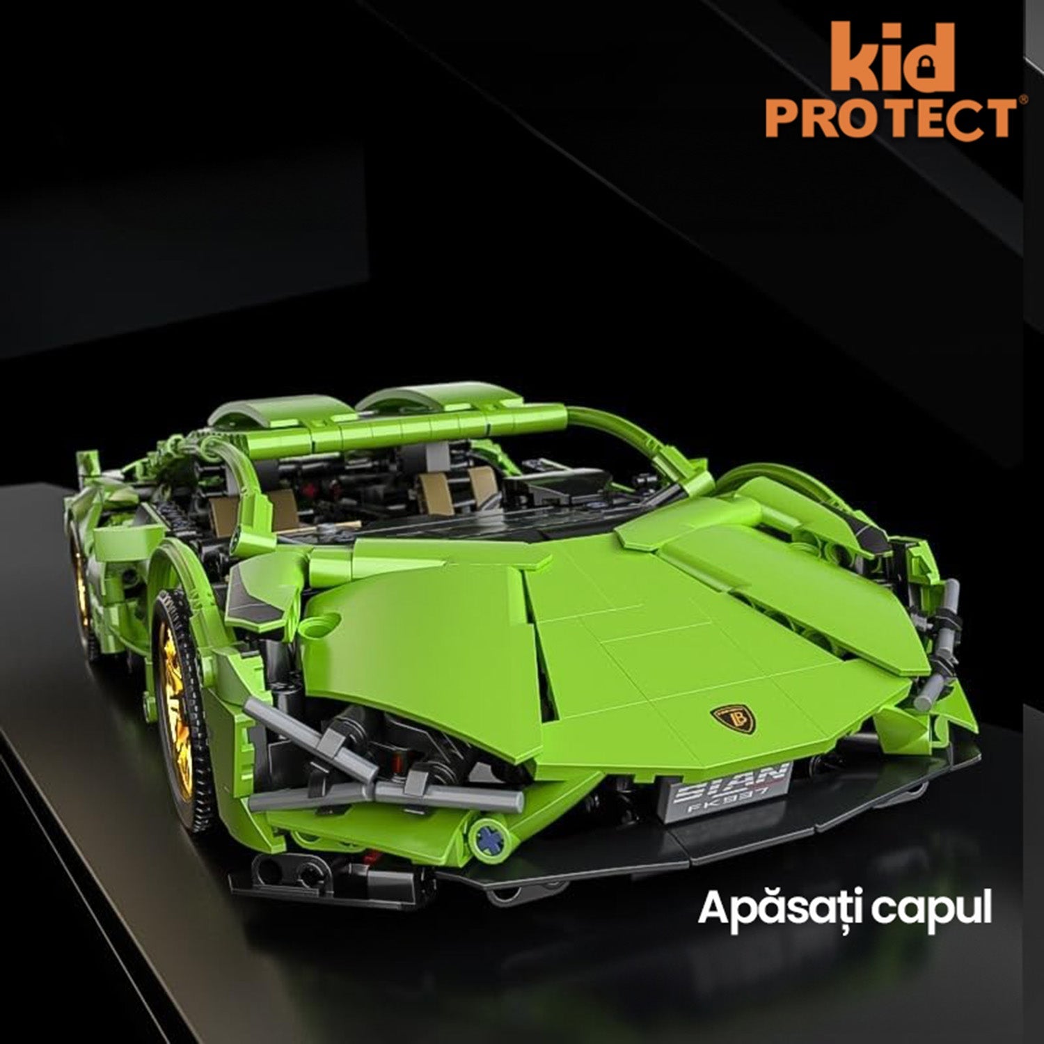 Green toy car model on a black background with 'kid PROTECT' branding.