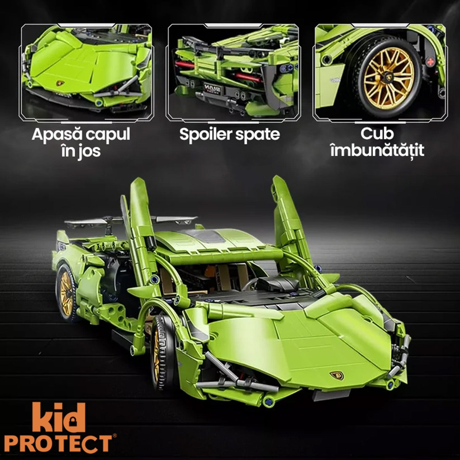 Green toy car model with detailed parts on a black background, featuring the brand 'kidPROTECT'.