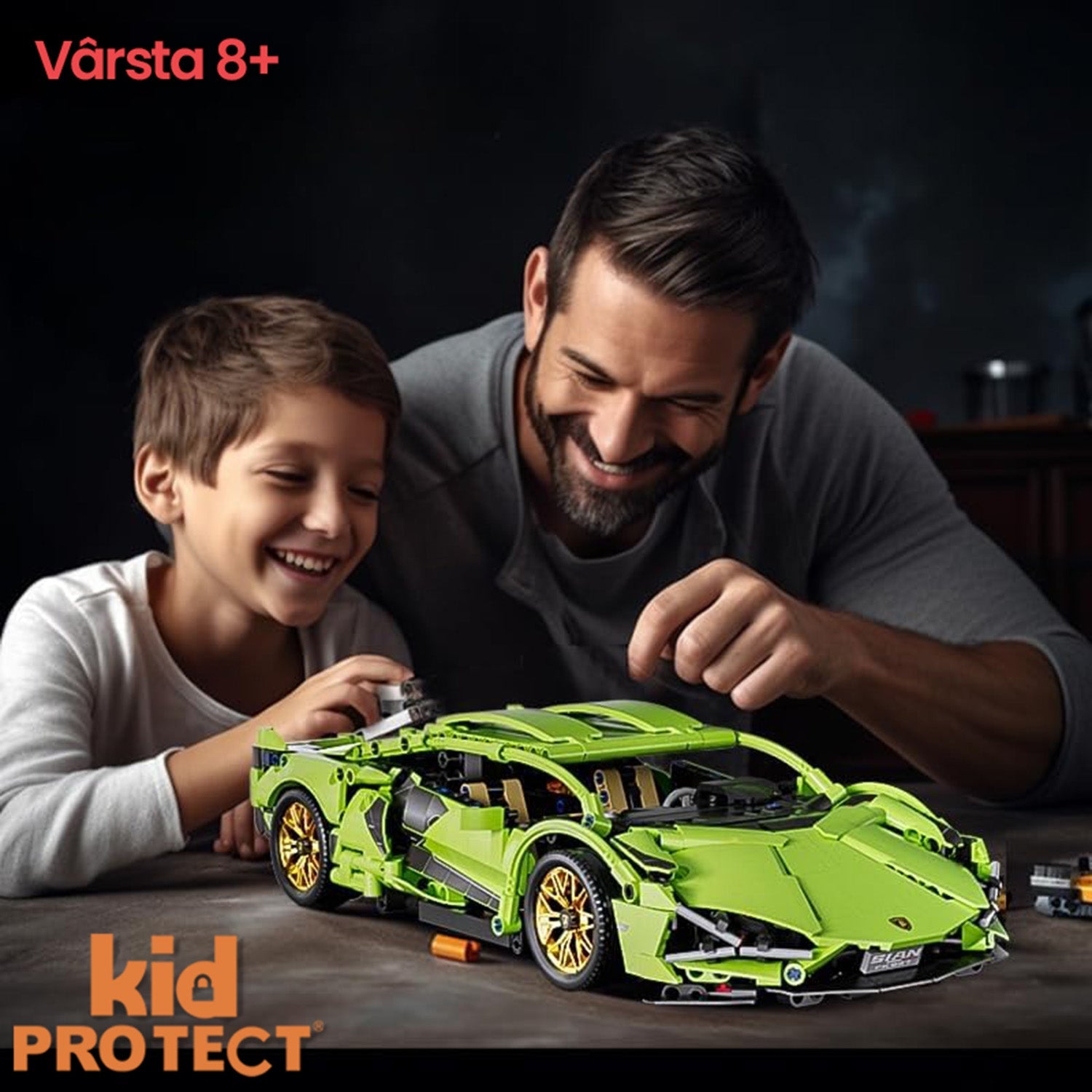 Man and child playing with a green toy car, with 'kidPROTECT' branding visible.