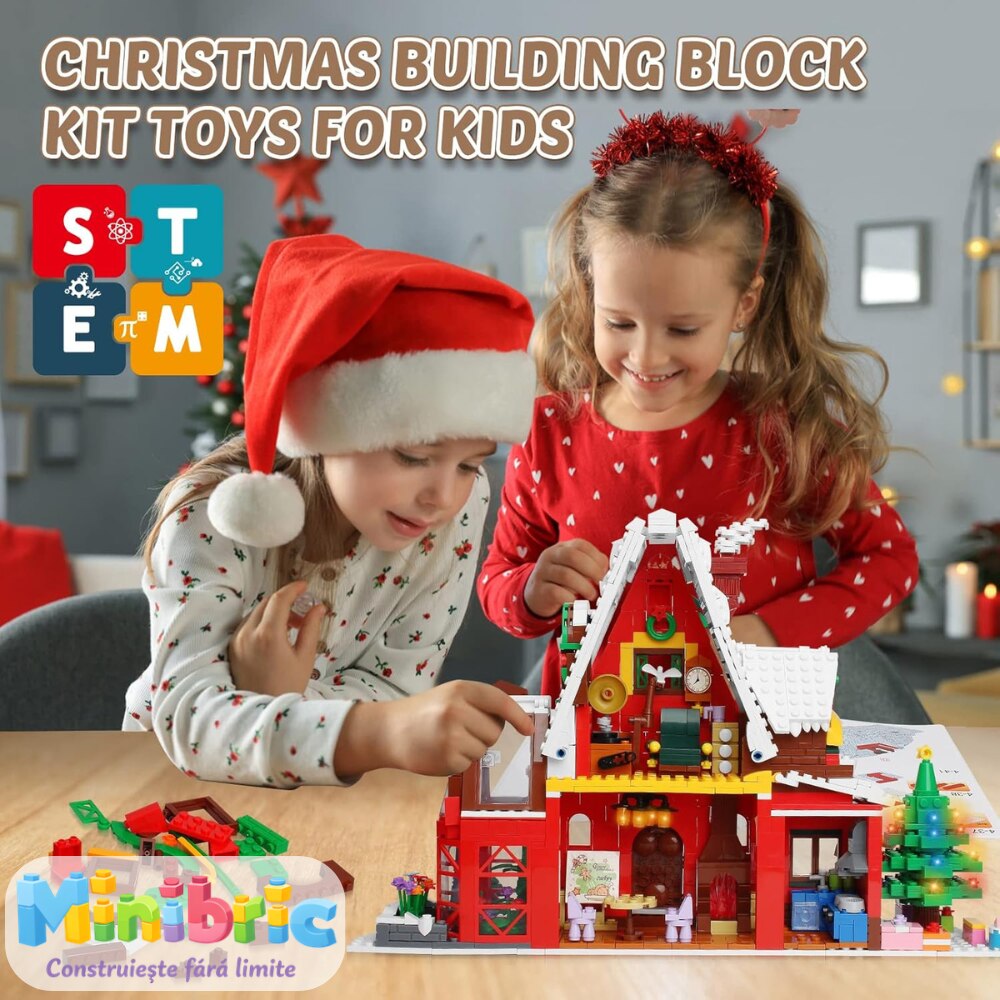 Set de Constructie cu Piese Tip Blocuri Constructie MiniBric Casa lui Mos Craciun