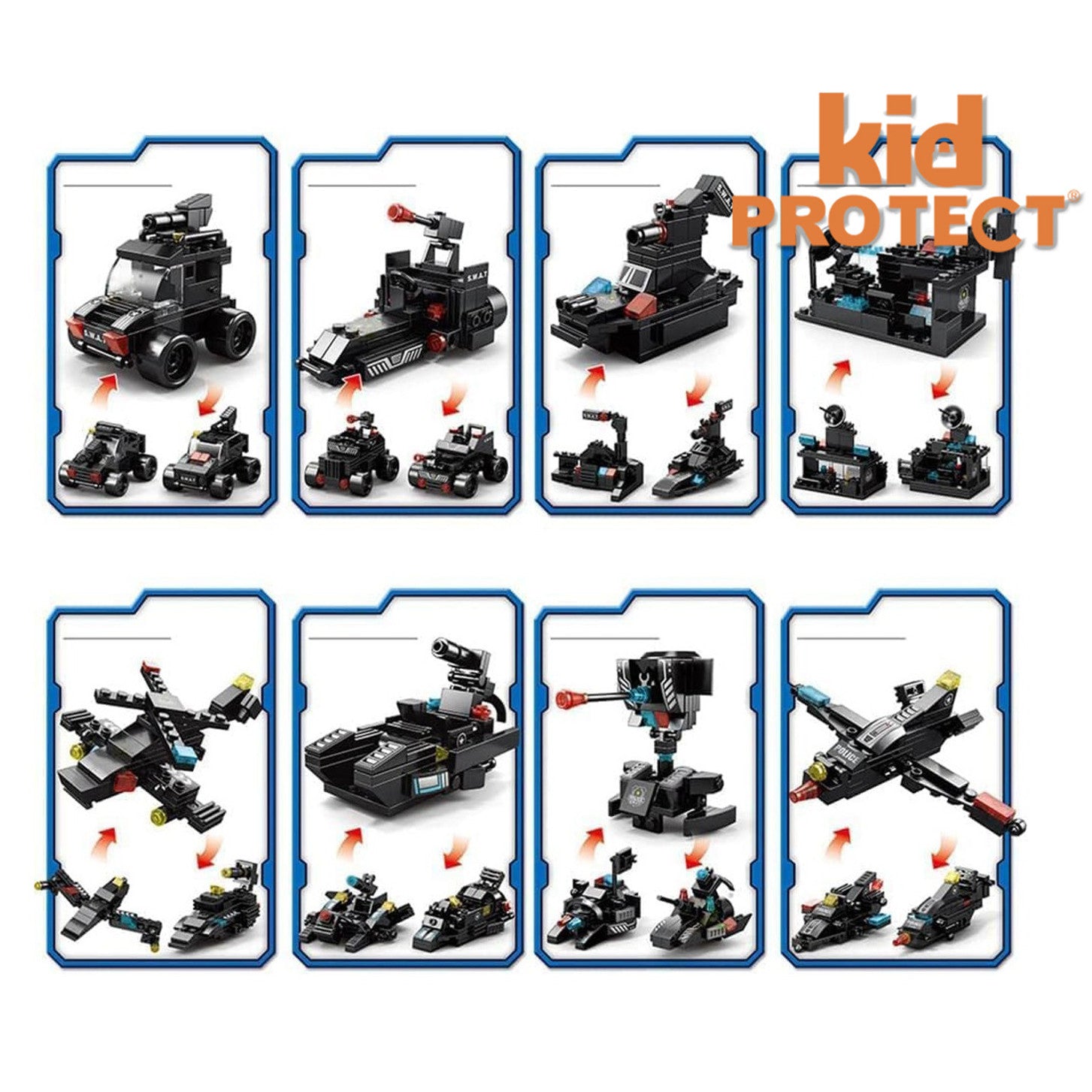 Set of building block toys with various configurations on a white background, featuring the brand 'kid protect'.