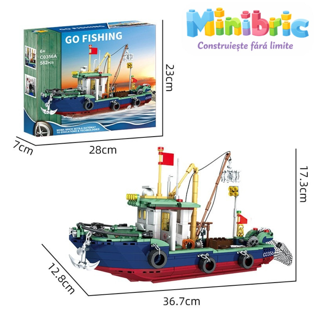 Set de Constructie cu Piese Tip Blocuri Constructie MiniBric Fishing Boat
