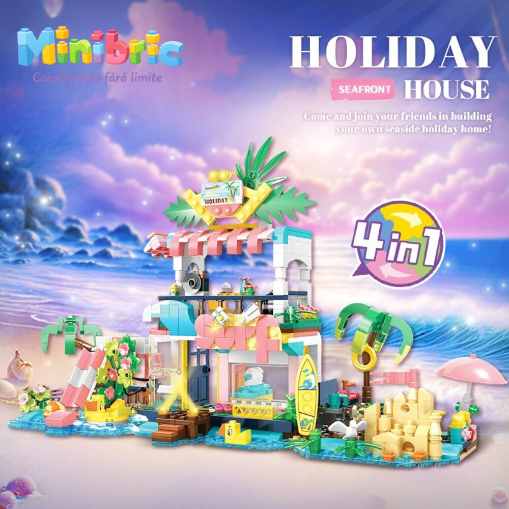 Set de Constructie cu Piese Tip Blocuri Jucarie Constructie MiniBric Beach Party