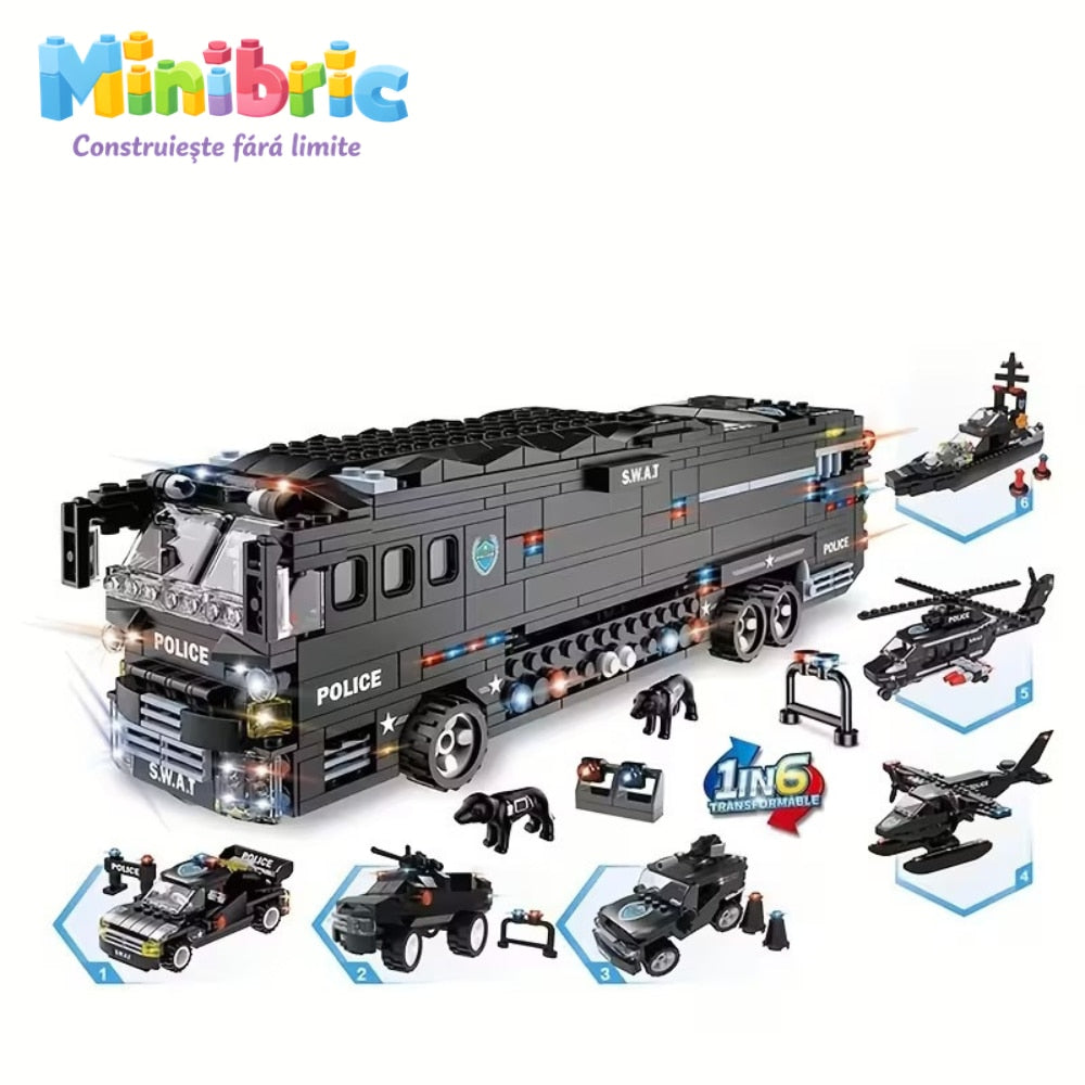 Set de Constructie cu Piese Tip Blocuri Constructie MiniBric Swat Armored Vehicle