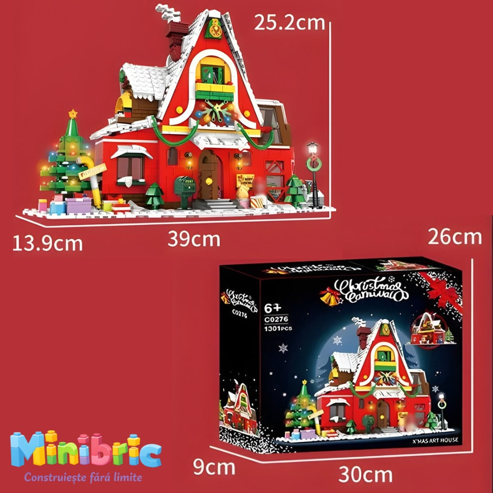 Set de Constructie cu Piese Tip Blocuri Constructie MiniBric Casa lui Mos Craciun