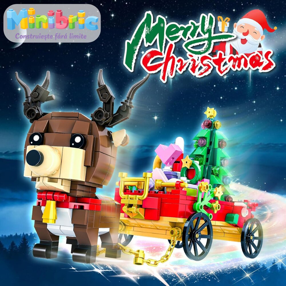 Set de Constructie cu Piese Tip Blocuri Constructie MiniBric Trasura lui Mos Craciun