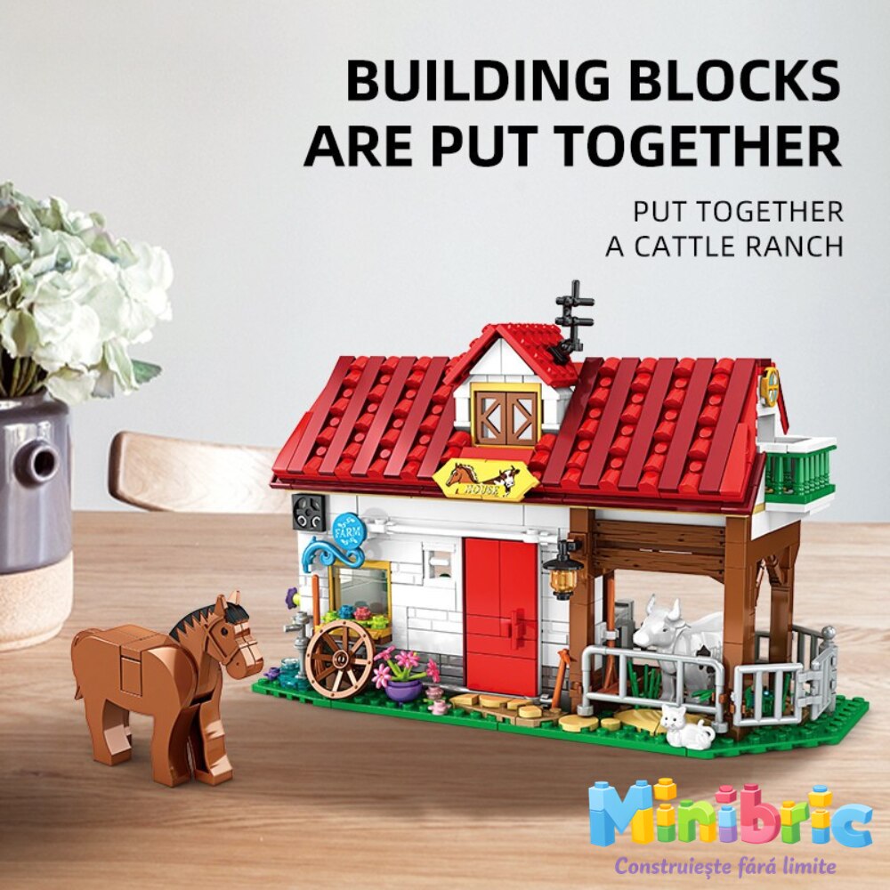 Set de Constructie cu Piese Tip Blocuri Constructie MiniBric The Cattle Ranch