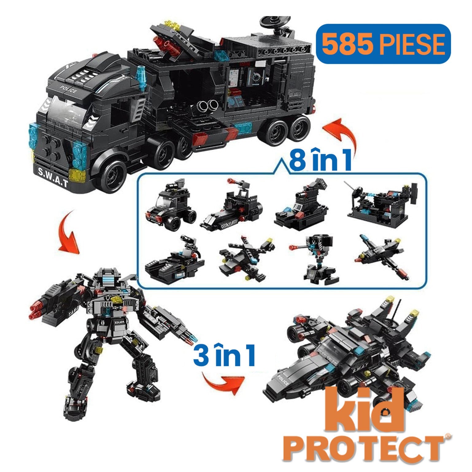 Set de Constructie, 585 Piese, 8 in 1 City Swat Minibric®