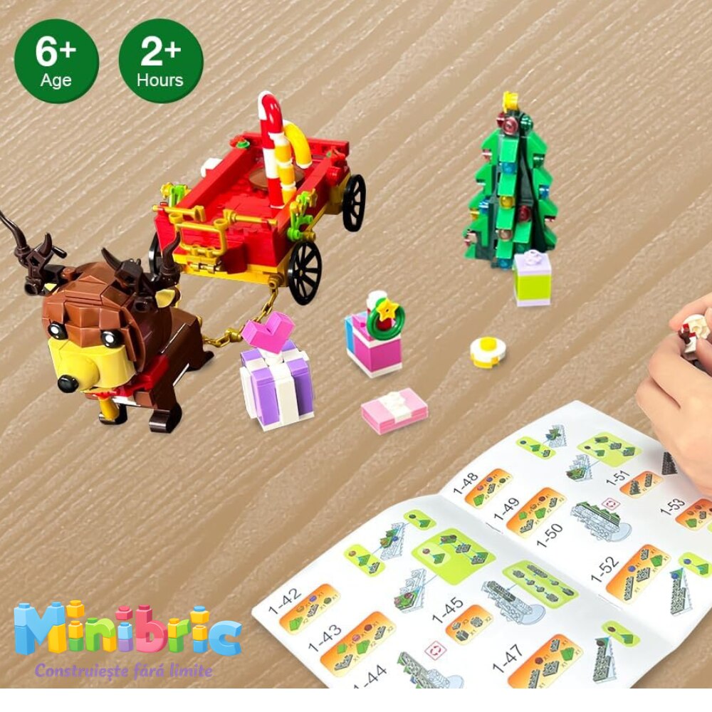 Set de Constructie cu Piese Tip Blocuri Constructie MiniBric Trasura lui Mos Craciun