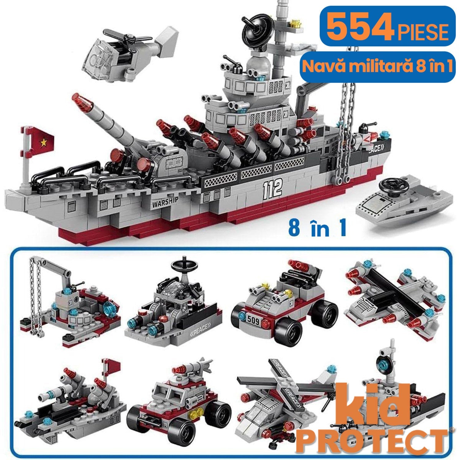 Set de Constructie, 554 Piese, 8 in 1 NavalForge Minibric®