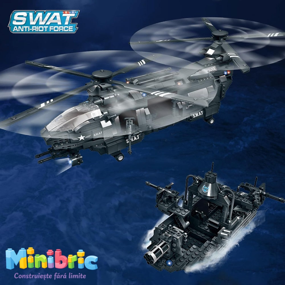 Set de Constructie cu Piese Tip Blocuri Constructie MiniBric Swat Helicopter Attack
