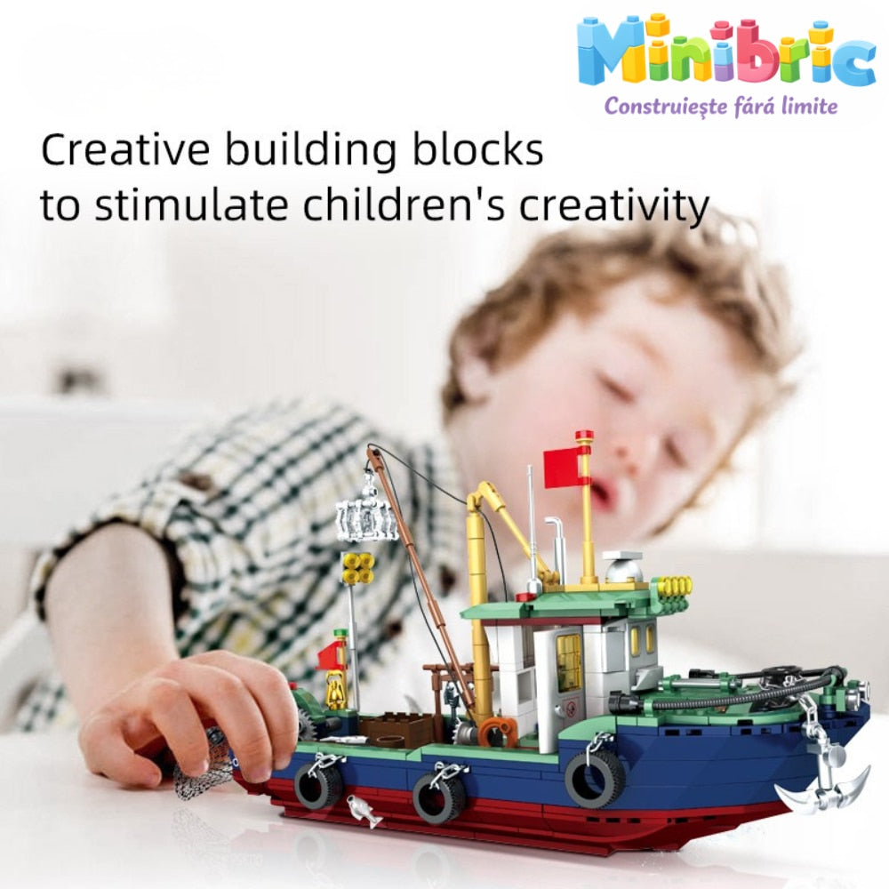 Set de Constructie cu Piese Tip Blocuri Constructie MiniBric Fishing Boat