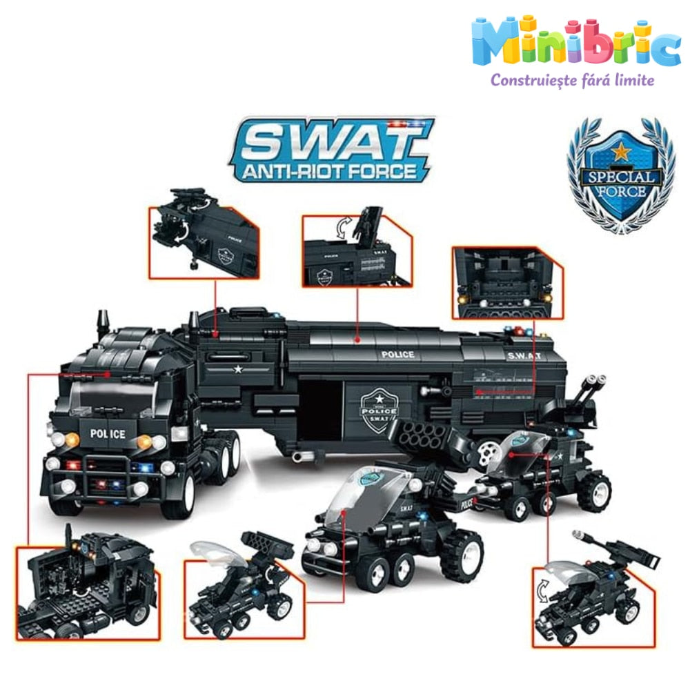 Set de Constructie cu Piese Tip Blocuri Constructie MiniBric Swat Defender Truck