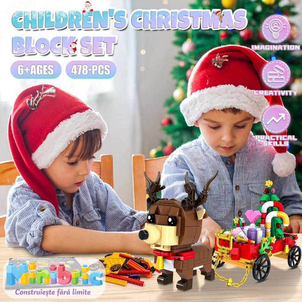 Set de Constructie cu Piese Tip Blocuri Constructie MiniBric Trasura lui Mos Craciun