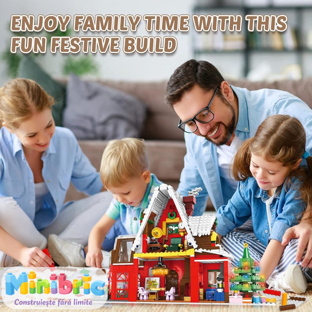 Set de Constructie cu Piese Tip Blocuri Constructie MiniBric Casa lui Mos Craciun