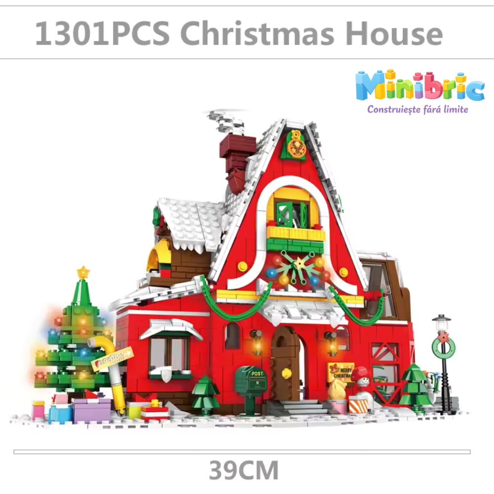 Set de Constructie cu Piese Tip Blocuri Constructie MiniBric Casa lui Mos Craciun