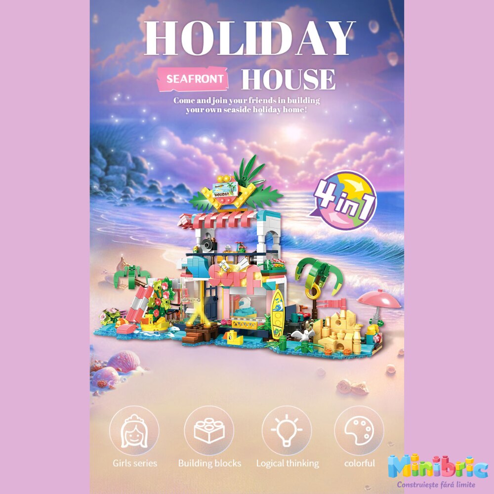Set de Constructie cu Piese Tip Blocuri Jucarie Constructie MiniBric Beach Party