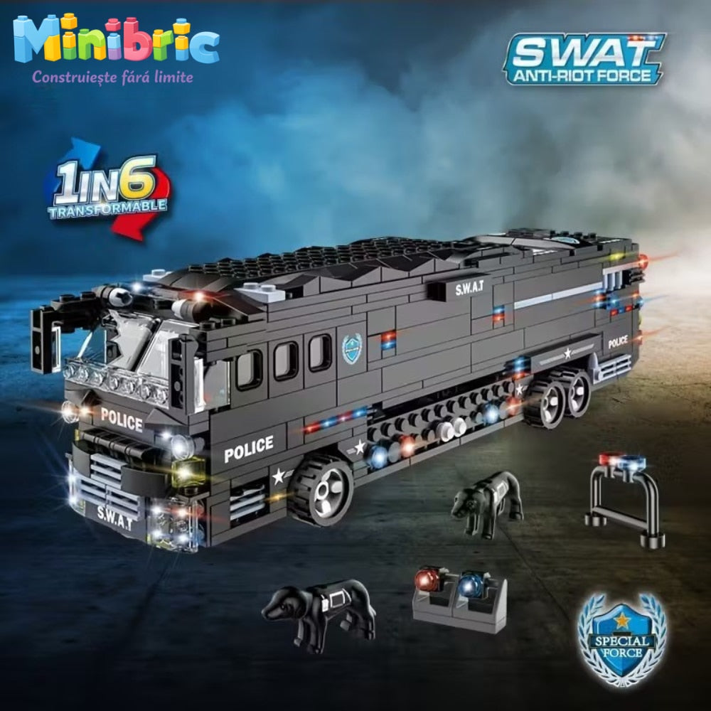 Set de Constructie cu Piese Tip Blocuri Constructie MiniBric Swat Armored Vehicle
