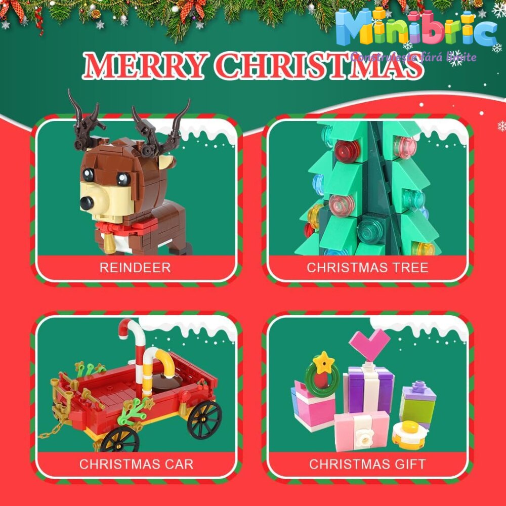 Set de Constructie cu Piese Tip Blocuri Constructie MiniBric Trasura lui Mos Craciun