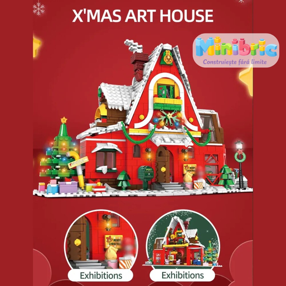 Set de Constructie cu Piese Tip Blocuri Constructie MiniBric Casa lui Mos Craciun