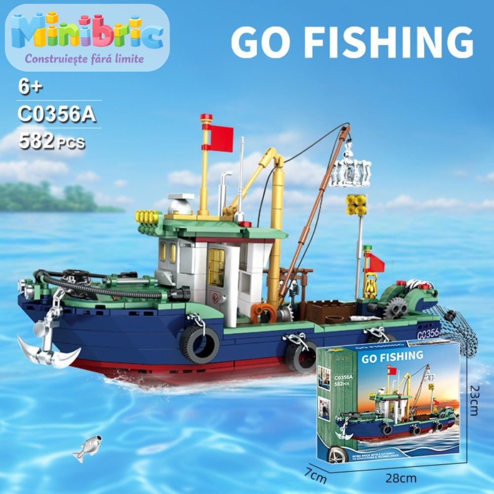 Set de Constructie cu Piese Tip Blocuri Constructie MiniBric Fishing Boat