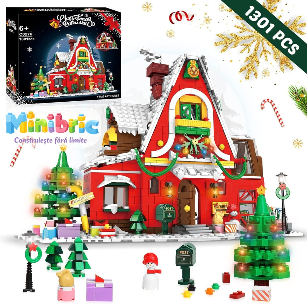 Set de Constructie cu Piese Tip Blocuri Constructie MiniBric Casa lui Mos Craciun