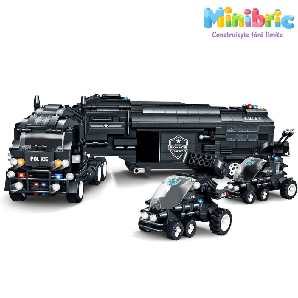 Set de Constructie cu Piese Tip Blocuri Constructie MiniBric Swat Defender Truck
