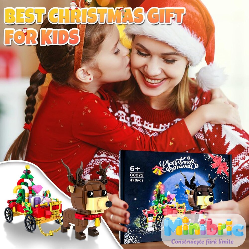 Set de Constructie cu Piese Tip Blocuri Constructie MiniBric Trasura lui Mos Craciun