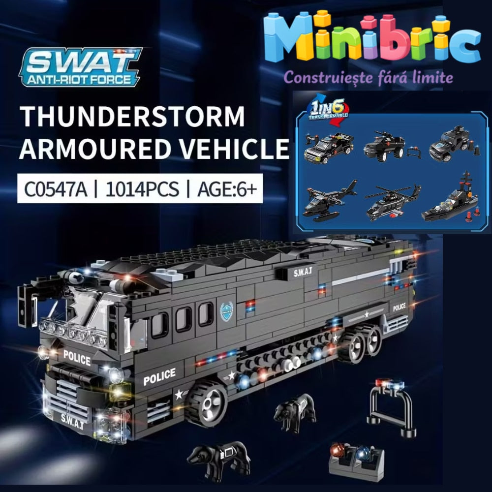 Set de Constructie cu Piese Tip Blocuri Constructie MiniBric Swat Armored Vehicle