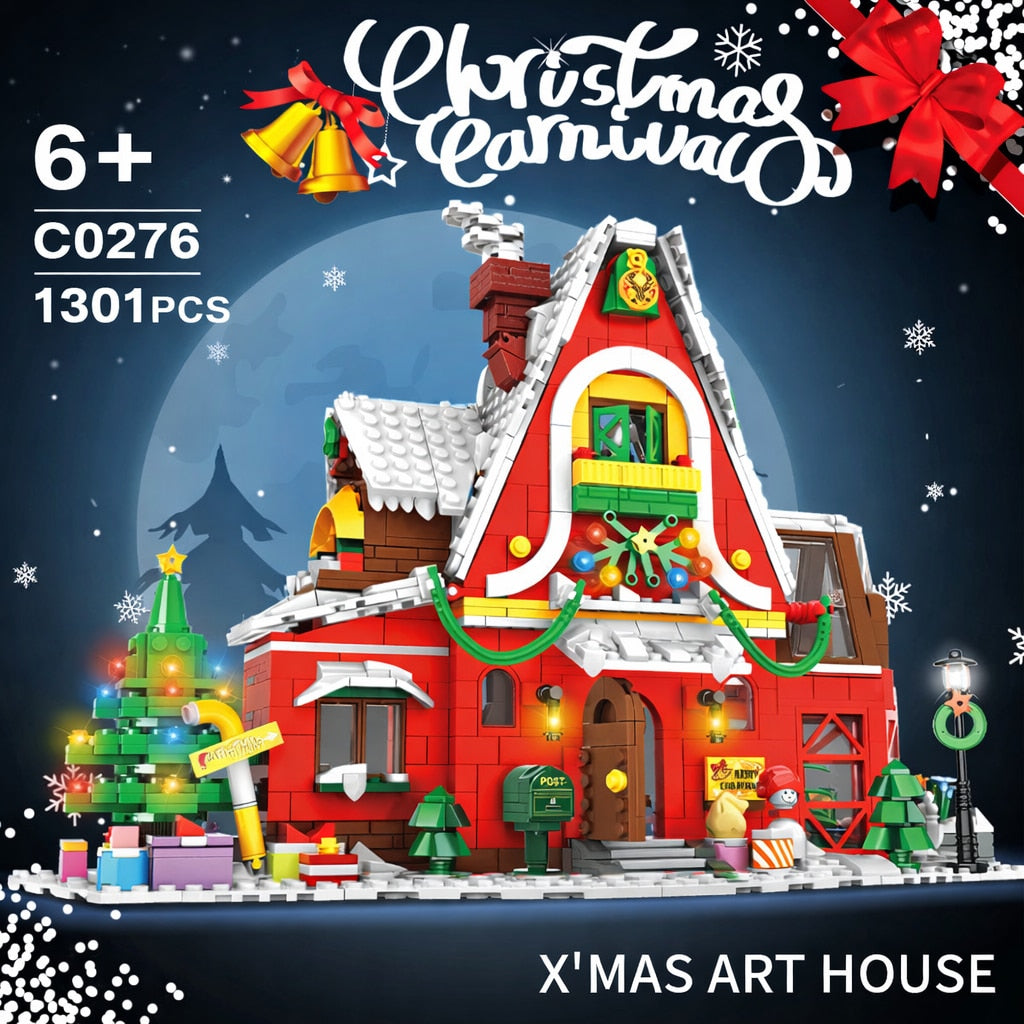 Set de Constructie cu Piese Tip Blocuri Constructie MiniBric Casa lui Mos Craciun