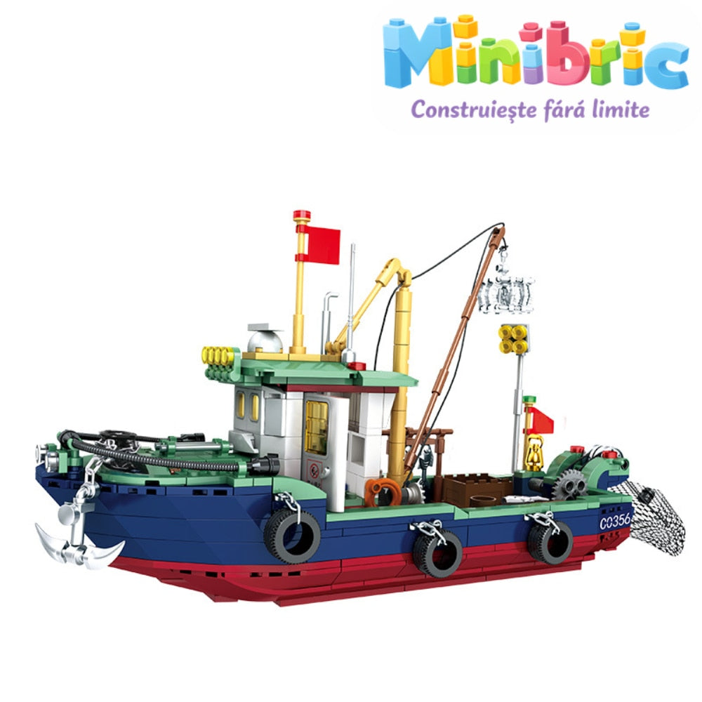 Set de Constructie cu Piese Tip Blocuri Constructie MiniBric Fishing Boat