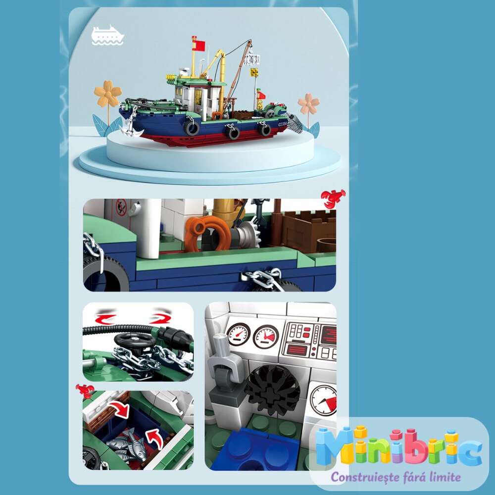 Set de Constructie cu Piese Tip Blocuri Constructie MiniBric Fishing Boat