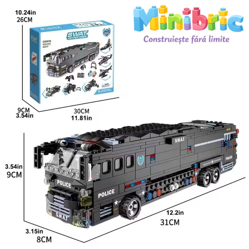 Set de Constructie cu Piese Tip Blocuri Constructie MiniBric Swat Armored Vehicle