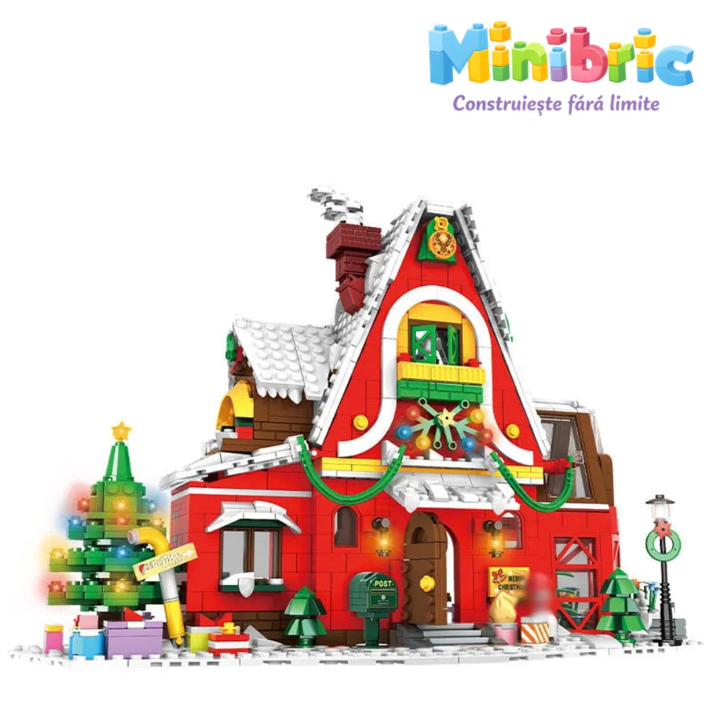 Set de Constructie cu Piese Tip Blocuri Constructie MiniBric Casa lui Mos Craciun