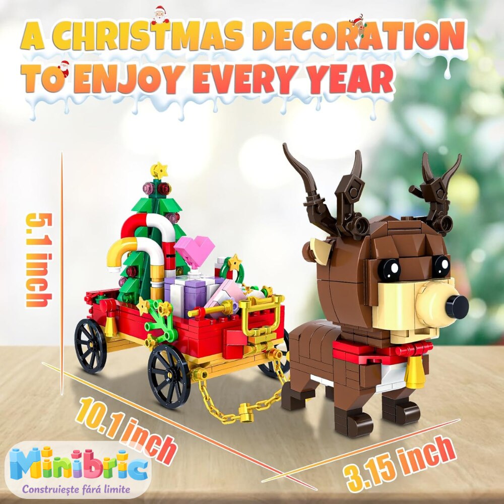 Set de Constructie cu Piese Tip Blocuri Constructie MiniBric Trasura lui Mos Craciun