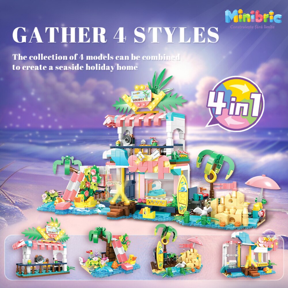 Set de Constructie cu Piese Tip Blocuri Jucarie Constructie MiniBric Beach Party