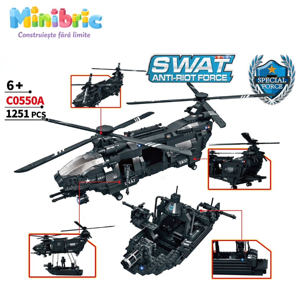 Set de Constructie cu Piese Tip Blocuri Constructie MiniBric Swat Helicopter Attack