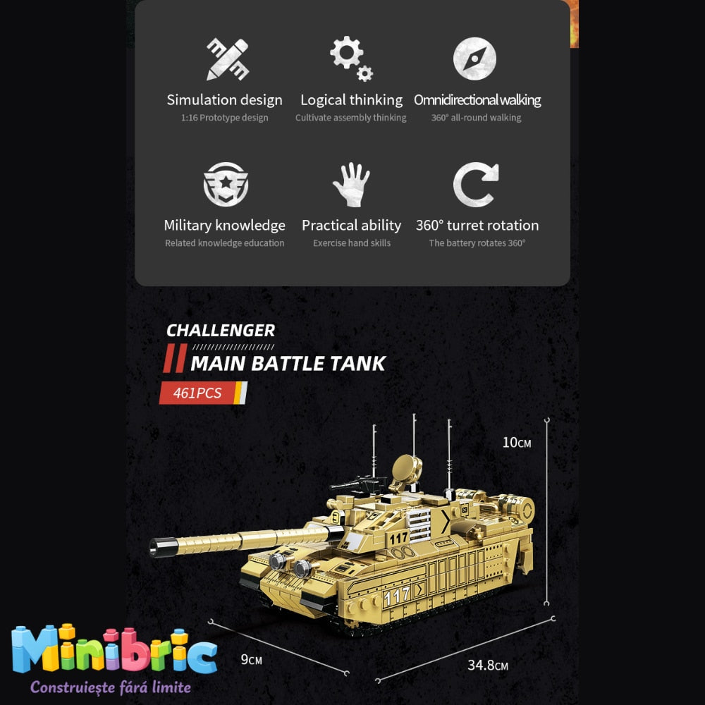 Set de Constructie cu Piese Tip Blocuri Jucarie Constructie MiniBric Chalanger Tank