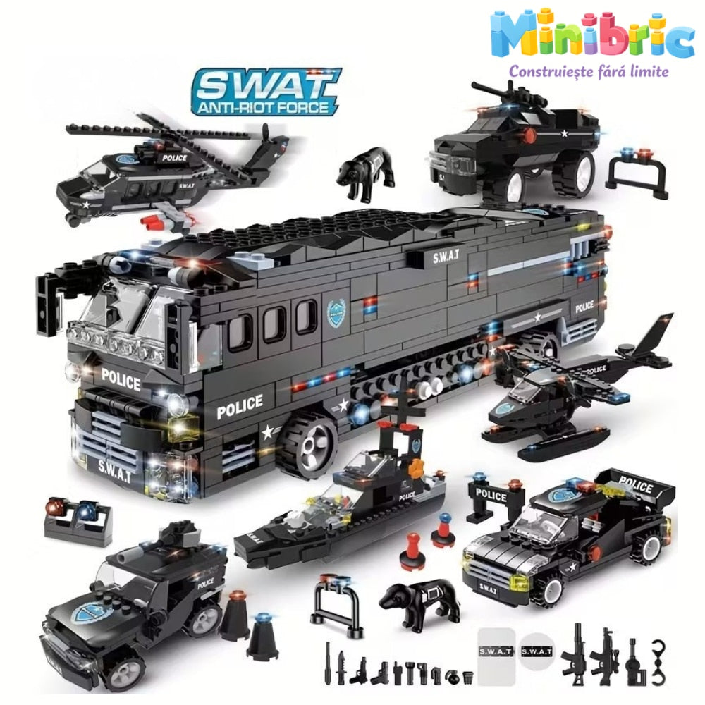 Set de Constructie cu Piese Tip Blocuri Constructie MiniBric Swat Armored Vehicle