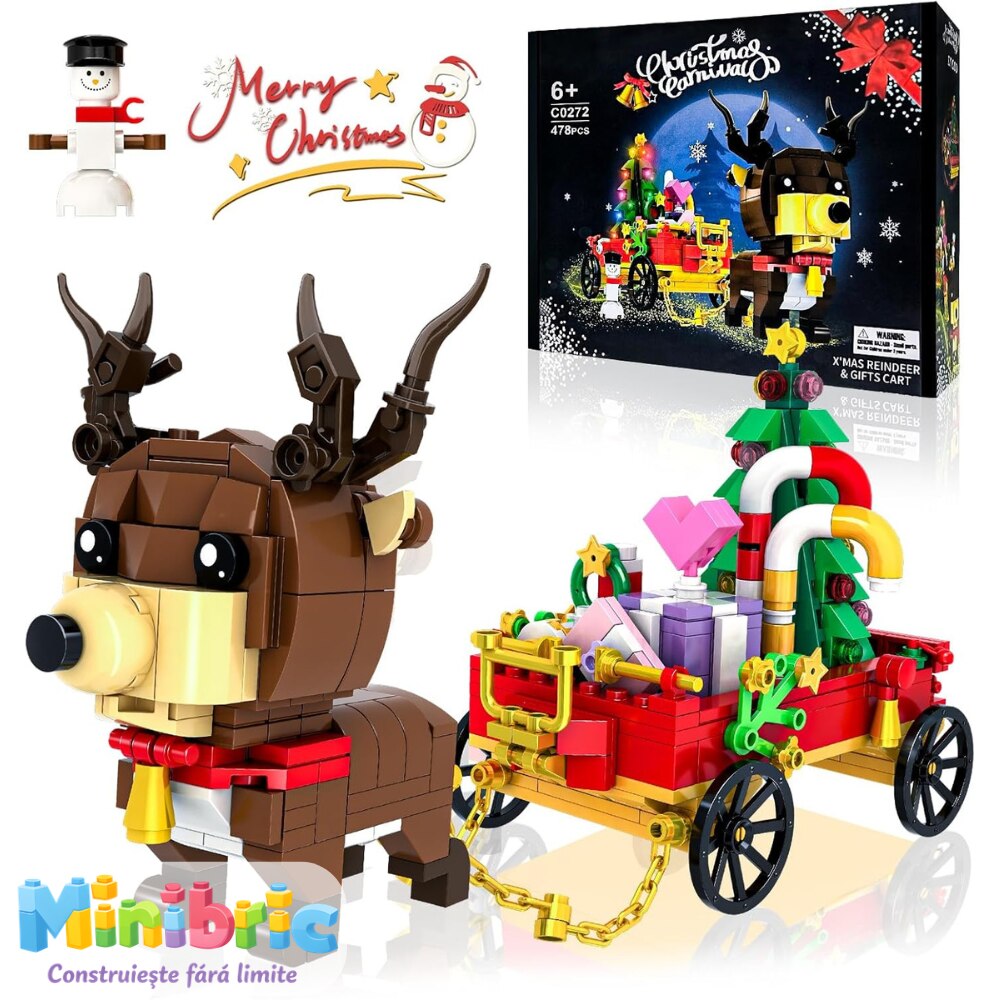 Set de Constructie cu Piese Tip Blocuri Constructie MiniBric Trasura lui Mos Craciun